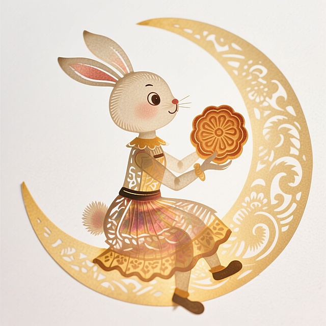Q版风格：拟人化兔子（穿裙子）坐在月亮上拿月饼，白色背景，完整展示