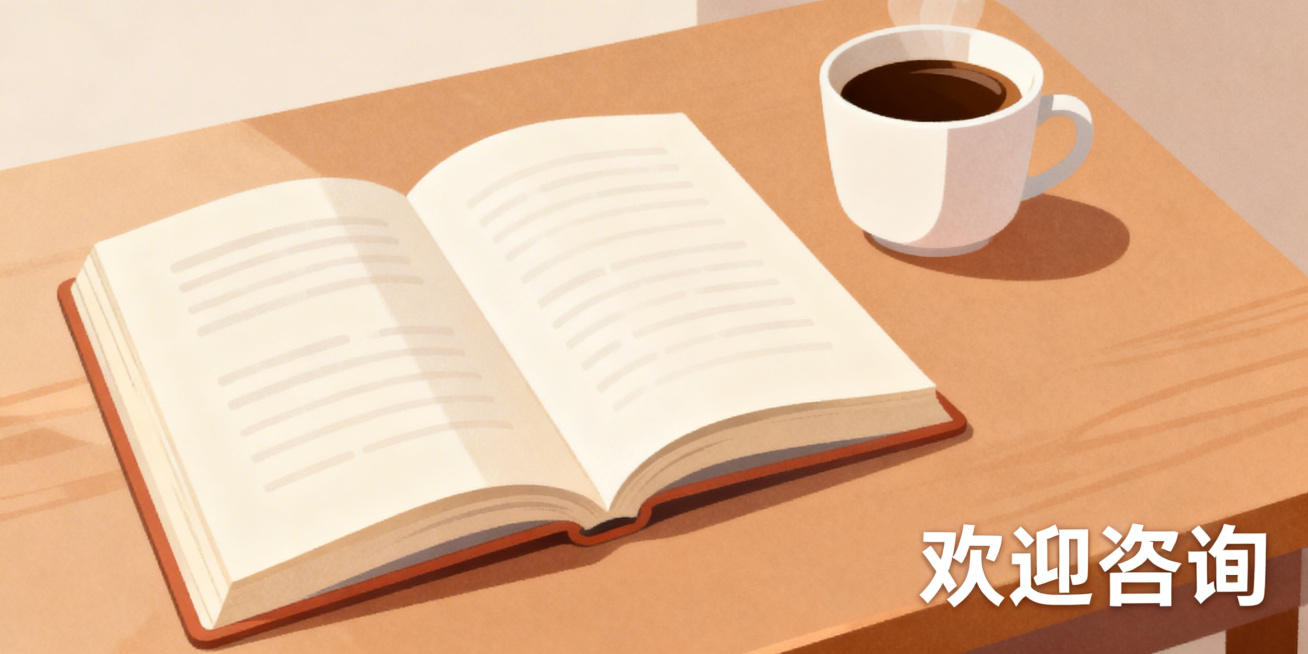 温和风格插画，桌面上放着一本打开的书和咖啡杯，画面右下角配文字"欢迎咨询"，整体色调柔和温暖，简约治愈，适合作为公众号咨询引导配图预览效果