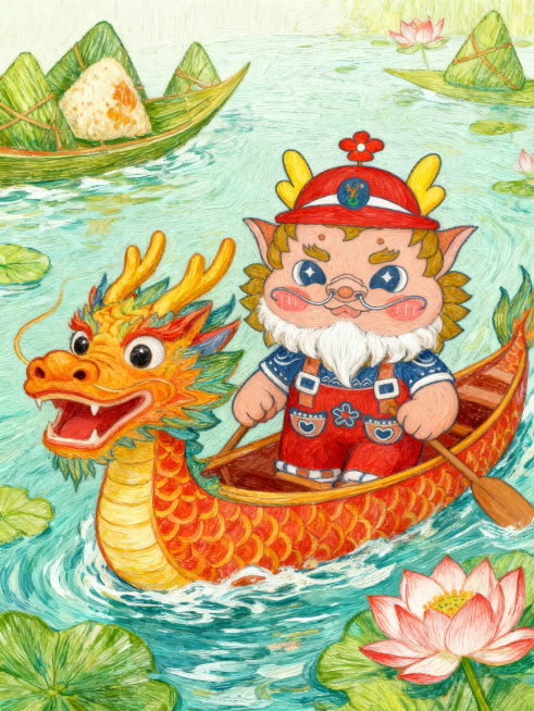 基于图片中的龙IP形象，绘制端午赛龙舟的场景插画，包含龙舟、粽子、荷花元素，整体风格为卡通插画，色彩喜庆预览效果