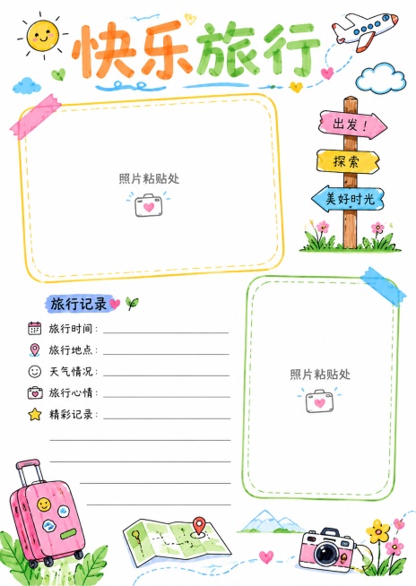 快乐旅行内页，简笔画马克笔白底手绘风格，标题“快乐旅行”，预留1-2张照片粘贴位置，预留旅行记录文字填写区域，A4尺寸210*297，版式留出足够粘贴空间预览效果
