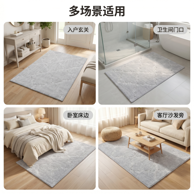 [主图-4] 场景搭配展示-浅灰提花地毯多空间适配展示图。
[氛围风格] 温馨生活氛围感，和全套主图风格光影配色保持完全统一；
[画质] 商业摄影质感，光线柔和通透，产品清晰真实，画面干净高级。
[元预览效果