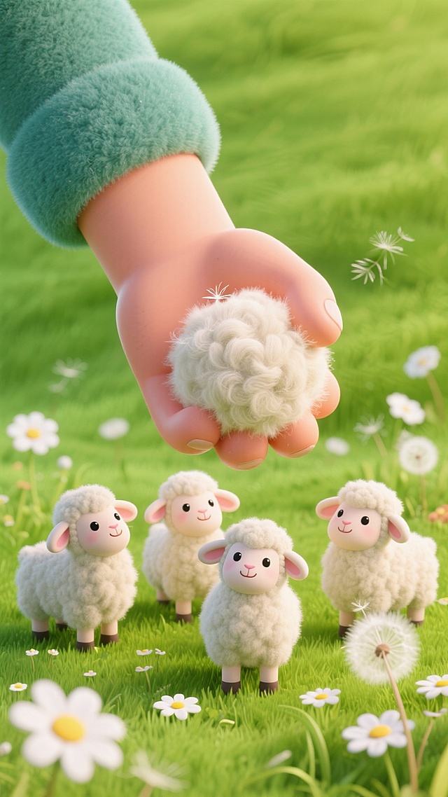 一只手抓取羊毛团，羊毛团呈现毛绒质感。下方五只小羊。背景为草地，点缀雏菊、蒲公英等植物。