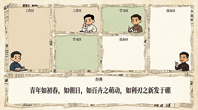 电脑分区壁纸，觉醒年代主题，包含觉醒年代卡通人物和经典台词文字，将桌面区域进行功能分区，复古民国风格，整体色调调浅，更明亮清新，适合作为电脑桌面使用