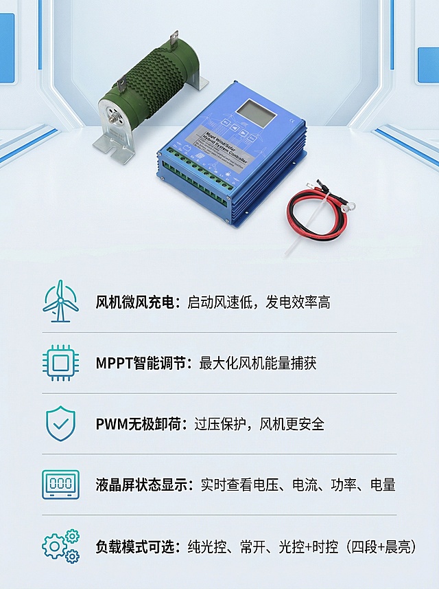 淘宝核心卖点竖版主图，3:4比例，风光互补控制器，现代简约科技环保风格，蓝白配色，浅色干净背景。上方放置产品小图，保持产品外观与原图一致，下方分五排竖向排列五个核心卖点，每个卖点搭配简约对应图标：第一个搭配风车图标，文字 "风机微风充电：启动风速低，发电效率高"；第二个搭配智能芯片图标，文字 "MPPT智能调节：最大化风机能量捕获"；第三个搭配防护盾牌图标，文字 "PWM无极卸荷：过压保护，风机更安全"；第四个搭配显示屏图标，文字 "液晶屏状态显示：实时查看电压、电流、功率、电量"；第五个搭配模式齿轮图标，文字 "负载模式可选：纯光控、常开、光控+时控（四段+晨亮）"。图标为简约线条风格，蓝绿色，文字为深灰色，排版整齐左对齐，每个图标对应文字，不遮挡主体，层次清晰，科技感强。1440×1920，2k分辨率