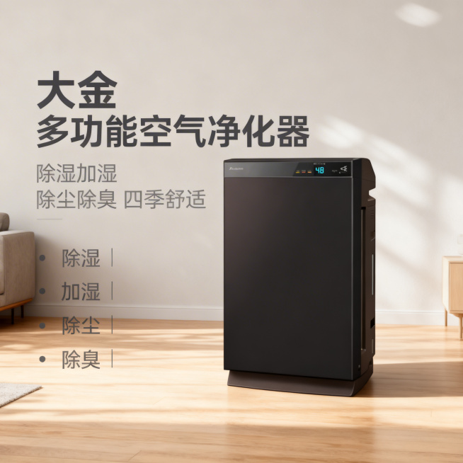 [主图 1 场景氛围吸睛首图] 大金黑色空气净化器放置在现代简约家居客厅中，浅米灰色墙面与浅木色地板，简洁干净浅色系风格，温馨居家生活感，高级材质透视，温馨暖调自然光，午后慵懒光斑。产品主体居中，保持预览效果