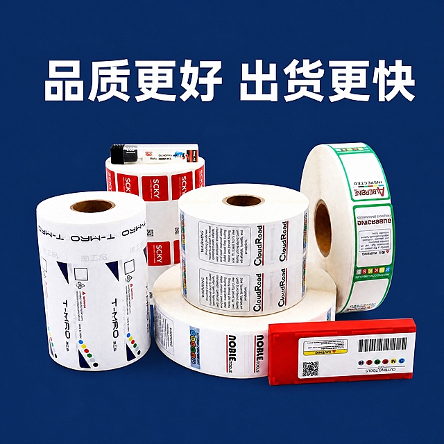 将简约电商主图的背景色从白色改为藏青色，仅改背景颜色，画面中所有产品、文字的方向必须与参考图完全一致。

[商品] 使用【图1】主图：多卷不干胶标签（T-MRO、SCKY、CloudRoad、NOBLE TOOLS、AEROPRINT等品牌标签卷）和右下角红色切割工具盒（贴有二维码条码标签）；所有产品的摆放位置、角度、方向与参考图一模一样，不得镜像、翻转、颠倒、旋转或重排；标签上的文字、条码、二维码、CMYK色标、品牌名保持正向清晰可读，不变形不虚构。

[背景] 背景改为藏青色（深蓝藏青色，如#1E3A6E左右），均匀纯净，简约无装饰；产品标签保持白色/原色，与藏青背景形成清晰对比；产品下方保留柔和自然的投影。

[文字] 主标题“品质更好 出货更快”保留，位置不变，改为白色粗体大字，横向排版，禁止竖排旋转，标题方向必须正向不颠倒。

[视觉] 风格=极简商务主图；主色=藏青+白；强调色=红色工具盒自然保留；光影=柔和均匀，产品细节锐利；无网格、无光晕、无多余图标文字、无水印。

[规格] 图片尺寸1400×1400（正方形），2K分辨率；严格禁止：产品镜像、文字颠倒、标签翻转、旋转重排、变形、错字、文字过小、水印、产品文字乱码模糊、背景色偏紫偏黑。