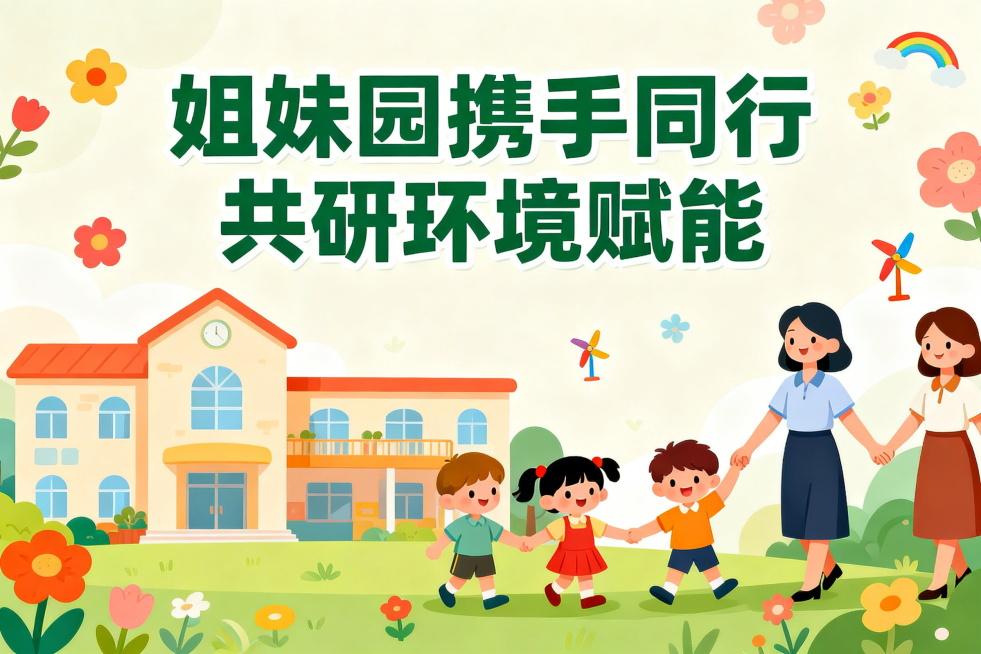 横版幼儿园环境创设主题海报，整体风格活泼温馨，色彩明亮柔和，包含卡通手绘的幼儿园建筑、手拉手的小朋友、两位幼儿园老师携手的元素，背景点缀花朵、彩虹、小风车等童趣装饰，顶部醒目位置有文字“姐妹园携手同行预览效果