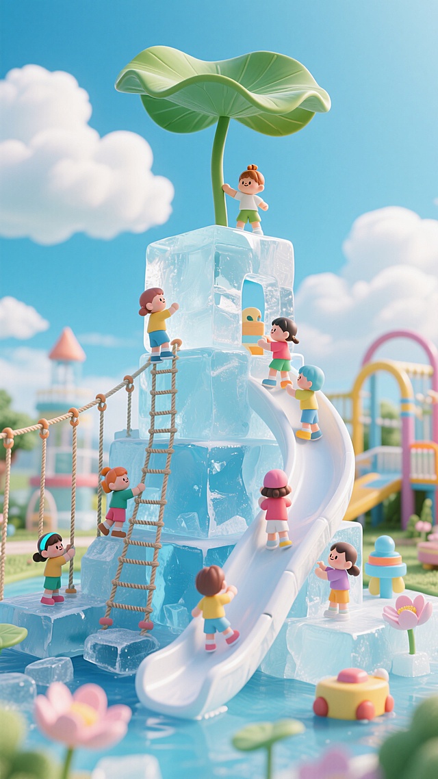 夏日炎炎，一个超大的冰块雕刻而成的儿童游乐设施，里面有吊索，冰块雕刻的滑滑梯，缆绳，攀登的小朋友在玩耍，巨大的荷叶片遮阳，梦幻，大场景，梦幻游乐园，装置艺术，在云端，蓝天白云