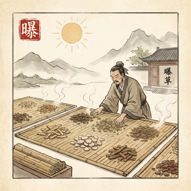 正方形插图，展示中药炮制方法曝，传统工艺，简洁国风背景，左上角标注文字"曝"预览效果