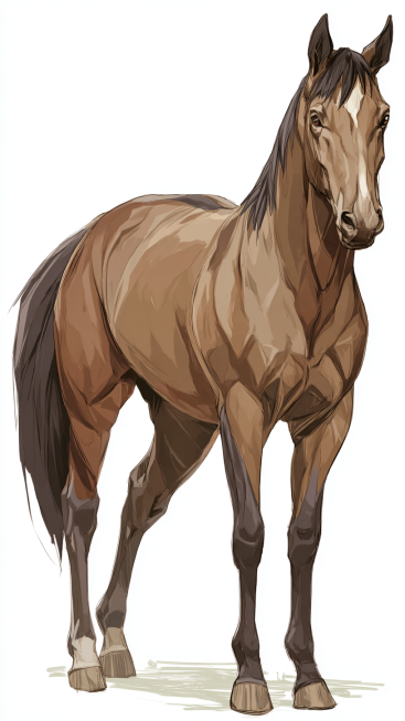 A well-built adult horse, with a clearly defined head, erect ears, bright and lively eyes, a long an预览效果