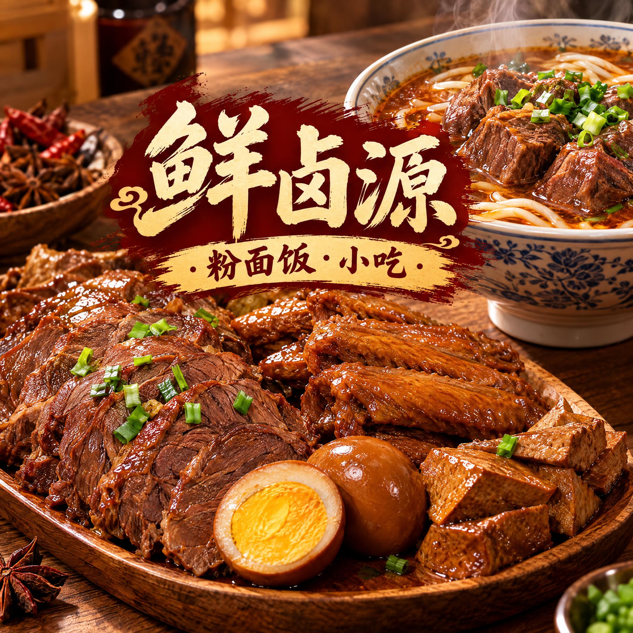 餐饮品牌头像设计，店名"鲜卤源·粉面饭·小吃"以温暖书法字体居… - 图片创意预览