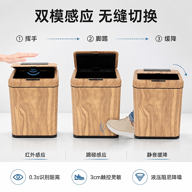 [主图-2] 功能演示图｜双模感应操作流程实拍
[氛围风格] 白色微纹理亚克力台面+浅灰背景墙，实验室级洁净环境，突出功能可信度；无生活道具干扰，聚焦人机交互.
[画质] 高清微距摄影质感，动作瞬间凝固，手部与产品接触清晰，无运动模糊；产品表面无指纹/污渍，细节锐利.
[元素] image2（浅木纹款）居中，盖子处于三种状态：左1/3处为“红外感应触发中”（手悬空5cm，盖微启10°），中1/3为“脚踢感应触发中”（脚尖轻触桶身下沿，盖开启45°），右1/3为“缓降闭合中”（盖下降至80°，阻尼缓冲可见）；三状态由细虚线箭头连接，标注“①挥手→②脚踢→③缓降”。**产品结构、太阳能板、LED灯位、桶身比例与image2完全一致**。商品占比68%，画面留白充足供文字排布.
[光影] 正上方环形柔光箱为主光，均匀照亮产品与手部；侧后方补光消除手部阴影；产品边缘有轻微轮廓光增强立体感；木纹纹理清晰可见，无过强高光.
[配色] 主色：浅木纹（#D2B48C）+ 白台面（#FFFFFF）；辅色：手部肤色（#F5E6D3）、箭头灰蓝（#6699CC）；文字用深灰（#222222）确保可读.
[视角构图] 正面平视，三状态横向排列呈“品”字结构；景深浅，背景虚化突出主体；手部动作自然，无夸张姿势.
[文字版式] 顶部居中标题“双模感应 无缝切换”（粗体，字号14%）；三状态下方对应小标题：“红外感应”“踢碰感应”“静音缓降”，字号8%，加细线分隔；底部横排三图标+短句：👁️“0.3s识别距离” / 👟“3cm触控灵敏” / 🌀“液压阻尼降噪”。所有文字左对齐，安全边距≥5%.
[输出要求] 1:1，2048×2048，超高清；文字必须清晰可辨，禁止蚂蚁字.
[负向提示词] 多人，面部特写，价格，促销标，变形，文字重叠，背景杂乱.