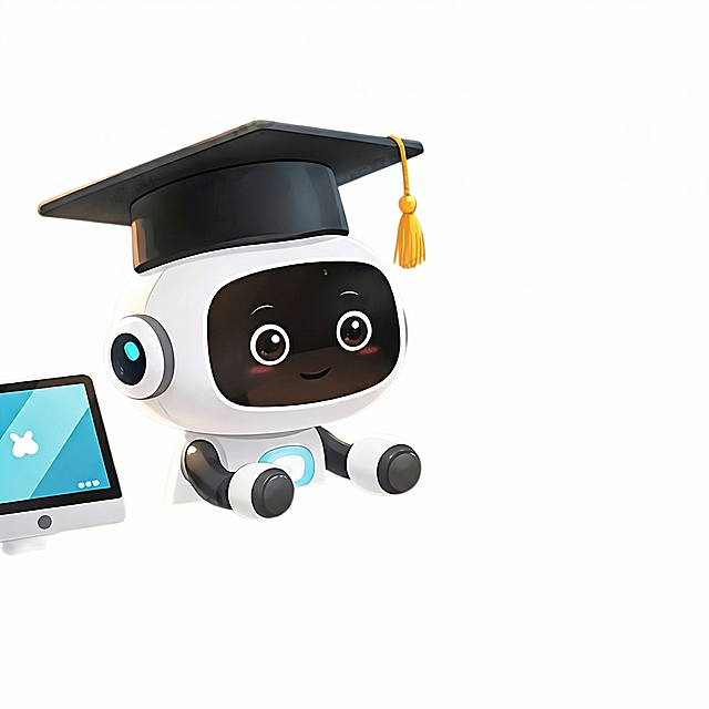 去除图片上的所有水印，保持原图的内容和风格不变，保持机器人、学士帽和电脑的造型和颜色不变，背景保留纯白色