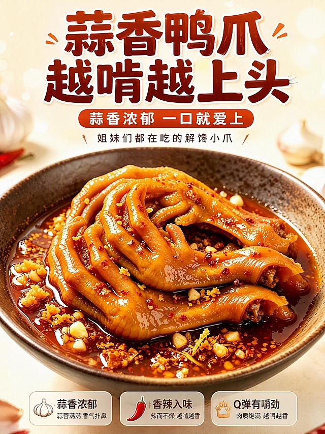 [商品] 使用【图1】蒜香鸭爪成品图；保留鸭爪外形、褶皱纹理、油亮酱色、蒜蓉辣椒颗粒、碗的形态与酱汁质感；增强油润光泽与肉感饱满度，不改变产品结构和颜色。
[画面] 目标：食欲氛围头图，第一眼就想吃。构图：鸭爪大图居中放大，主体占画面约70%，搭配少许蒜粒或蒜蓉元素点缀，前景酱汁油亮反光，背景干净明亮带轻微暖调虚化。阅读动线：中上主标题 → 中部副标题 → 下方小字 → 视觉中心落回鸭爪。前中后景：前景酱汁高光、中景鸭爪主体、后景干净暖白渐变背景。
[视觉] 套系策略：风格=抖音风格大师实拍强食欲感；标题字=粗厚圆润黑体，带轻微食欲感字效；正文字=简洁无衬线中黑体；主色=暖酱红+蒜香金棕；背景延展=干净暖白到浅米黄渐变，局部带柔光光斑；强调色=辣椒红，仅用于小面积标签、图标和高亮；标题色=深酱红；正文色=暖深棕；组件=圆角半透明信息卡、细线引线、小辣椒/蒜瓣图标；光影=左前侧暖柔光，突出油润高光与肉感。
[文字] 中上位置放主标题、副标题与小字，不遮挡鸭爪主体中心。主标题：蒜香鸭爪 越啃越上头；副标题：蒜香浓郁 一口就爱上；小字：姐妹们都在吃的解馋小爪。文字横排，层级清晰，手机端可读。
[规格] 图片比例3:4竖版，4K分辨率，抖音电商详情页风格。避免变形、错字、文字过小、冷蓝灰背景、鸭爪颜色失真、油润感不足、画面杂乱。