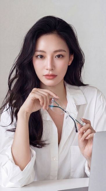 女主双手自然持握附件二中的银色无框眼镜（镜腿带绿色装饰钻），眼镜保持原样不变；女主表情为中性、不微笑，保持发型、服装与背景一致，图片尺寸比例为9:16预览效果