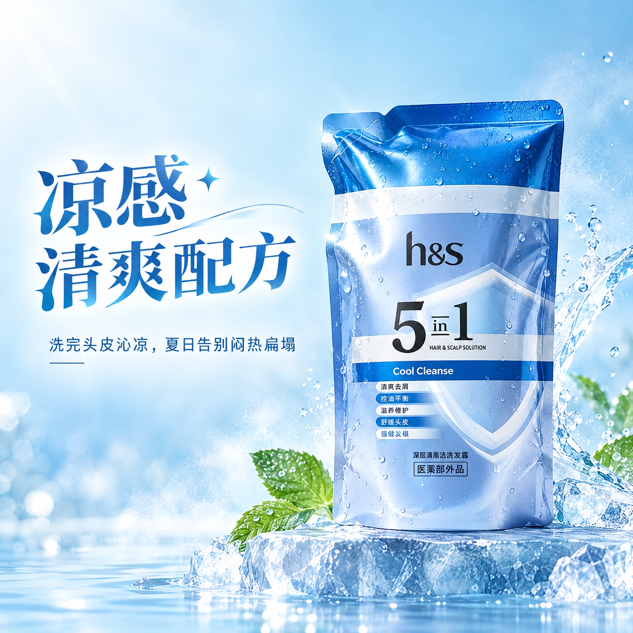 电商轮播图，浅冰蓝色渐变背景，h&s袋装洗发水放置在画面一侧，… - 图片创意预览