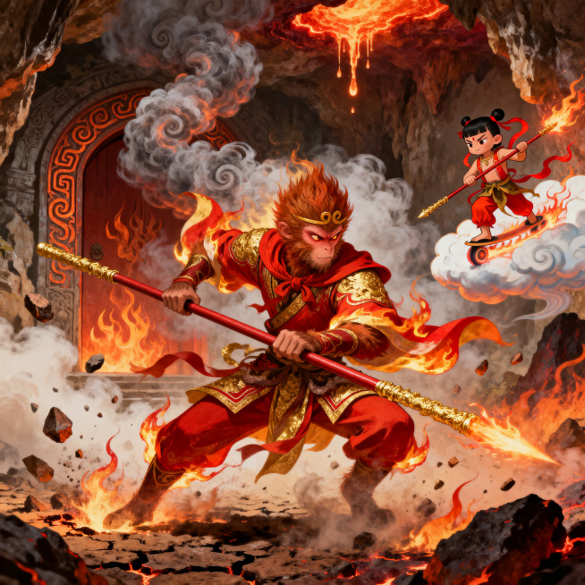 西游记主题插画，大战红孩儿场景，孙悟空主角突出，火云洞烈焰场景，古典国风插画，浓烟滚滚，战斗激烈，人物动态十足，细节丰富故事感强预览效果