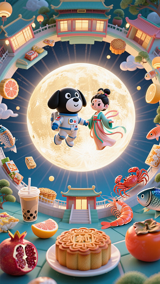 圆形鱼眼构图元素呈放射状分布。以巨大明亮的圆月为中心，所有元素漂浮在空中，中间穿着太空服黑色大头狗（漂浮感）和Q版嫦娥牵着手，四周环绕漂浮奶茶零食、月饼、水果（石榴、柚子、柿子等）、生鲜（大闸蟹、虾、鱼等）元素随机混乱排列，画面边缘环绕建筑，底部有月饼特写，画面丰富鲜亮色彩，营造热闹活泼氛围