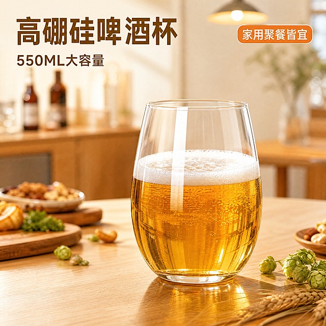 [主图-1] 高硼硅啤酒杯550ML 首图产品识别与购买欲，真实餐桌场景氛围图。
[统一基调] 整体风格为洁净通透的品质家居风，背景主色为浅木色+米白暖调，标题字色为深琥珀金，辅助字色为深灰色，强调色为暖橙色，字体为现代无衬线粗体，字号层级分明，卡片与图标采用圆角轻薄样式，整体明亮通透、高级有质感。
[画面] 高硼硅啤酒杯置于浅木色餐桌中央，杯中盛有七分满的金黄色啤酒，顶部有细腻白色泡沫，杯身通透反光清晰。产品占画面约65%，正面微侧45度视角。背景是虚化的温馨家居餐厅环境，隐约可见木质餐边柜与暖光吊灯，桌面散落少量啤酒花与麦穗作为点缀，营造居家小聚氛围。杯底有自然柔和的接触阴影与桌面倒影。
[光影质感] 商业摄影质感，主光从左上方45度打下，形成柔和高光带，杯身玻璃通透有层次，泡沫绵密真实，阴影自然不生硬，整体光线明亮温暖。
[配色] 浅木色桌面、米白背景、金黄啤酒色、深琥珀金标题字、暖橙色强调，整体暖调通透。
[文字版式] 左上角放置主标题"高硼硅啤酒杯"，下方小字副标题"550ML大容量"，字体为现代无衬线粗体，深琥珀金色。右上角有小型圆角标签"家用聚餐皆宜"，暖橙色底白字。底部留白，不遮挡主体。
[输出要求] 比例1:1，文字清晰可读，产品清晰通透，玻璃质感真实。禁止变形、错字、模糊、杂乱背景、水印、平台Logo、悬浮感。