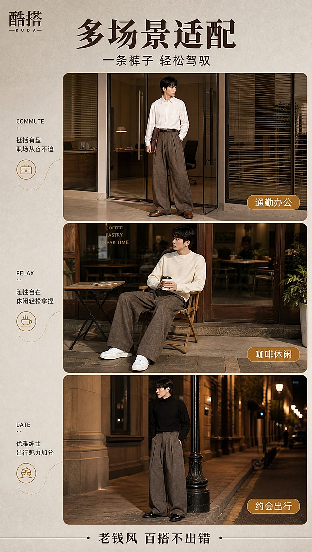 [商品] 使用【图8】咖色西裤模特图；保留咖色弯刀西裤的版型、颜色、双褶裥、裤型弧线；修复模特姿态更自然，理顺裤身垂坠，增强面料质感，不改变版型。
[画面] 页面目标：多场景穿搭展示，体现西裤的多场景适配卖点。构图：上下三层场景拼贴，每层一个场景。上层：通勤场景——模特身穿咖色西裤+白色衬衫+棕色皮鞋，站在简约办公室玻璃门前，手拿文件袋，姿态干练。中层：休闲场景——模特身穿咖色西裤+米白针织衫+白色板鞋，坐在咖啡店户外椅子上，手拿咖啡杯，姿态松弛。下层：约会场景——模特身穿咖色西裤+黑色高领毛衣+黑色皮鞋，站在夜晚街道暖光下，姿态优雅。三个场景均为亚洲同一位男模特，西裤均为咖色弯刀款，背景风格统一为暖调老钱风。
[视觉] 套系策略：风格=高级老钱风商业摄影；标题字=现代衬线粗体+英文无衬线装饰；正文字=简洁无衬线体；主色=大地色系（深咖/米灰/驼色）；背景延展=基于米灰咖做深浅层级、肌理墙面/哑光地面/纸质卡片质感；强调色=金棕色，仅用于小面积图标、引线和标签底；标题色=深咖色；正文色=中暖灰；组件=场景分隔细线、纸质标签、圆角场景框；光影=暖调自然光，每个场景有独立的柔和光影，整体色调统一。
[文字] 顶部主标题「多场景适配」（大号深咖衬线粗体），副标题「一条裤子 轻松驾驭」（中号深咖）。每个场景右下角有小标签：「通勤办公」「咖啡休闲」「约会出行」（金棕色底白字圆角小标签）。底部文字「老钱风 百搭不出错」（中号深咖）。左上角「酷搭」Logo。
[规格] 宽度790px，高度约1404px（9:16比例），4K分辨率，场景自然，西裤版型一致，避免变形、错字、冷蓝调。