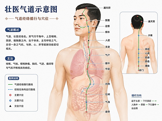 壮医气道示意图，清晰展示壮医气道经络走向和穴位位置，采用简洁的医学示意图风格