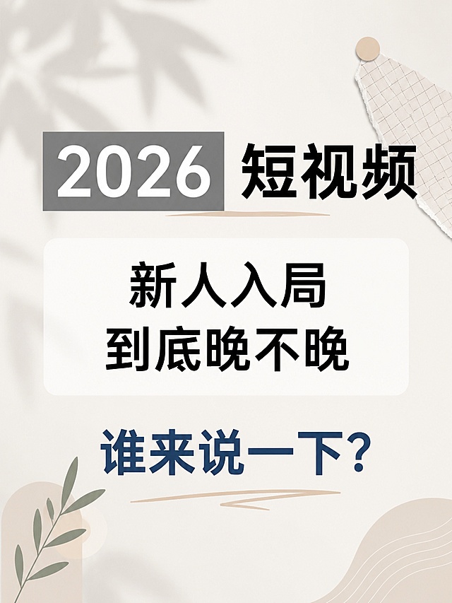 保留原图片所有文字内容：2026 短视频 新人入局 到底晚不晚 谁来说一下？，采用简约ins风背景，将2026调整为灰色底白字，主标题改为黑色，问句改为深蓝色，整体调整间距和布局，生成防查重版本