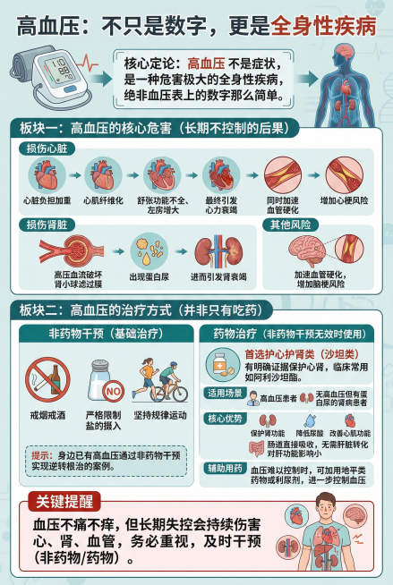 高血压科普信息图，标题：高血压：不只是数字，更是全身性疾病。核心定论：高血压 不是症状，是一种危害极大的全身性疾病，绝非血压表上的数字那么简单。板块一：高血压的核心危害（长期不控制的后果）- 损伤心脏预览效果