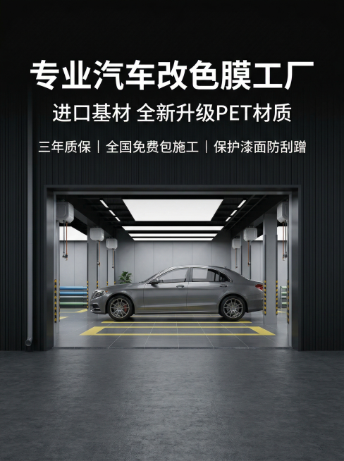 [主图 1：工厂实力首图] 电商淘宝汽车改色膜详情首图，现代简约工业风，画面展示专业汽车改色膜工厂大门或现代化生产车间场景，整体干净专业，突出源头工厂实力感。文字文案：主标题 "专业汽车改色膜工厂"，预览效果
