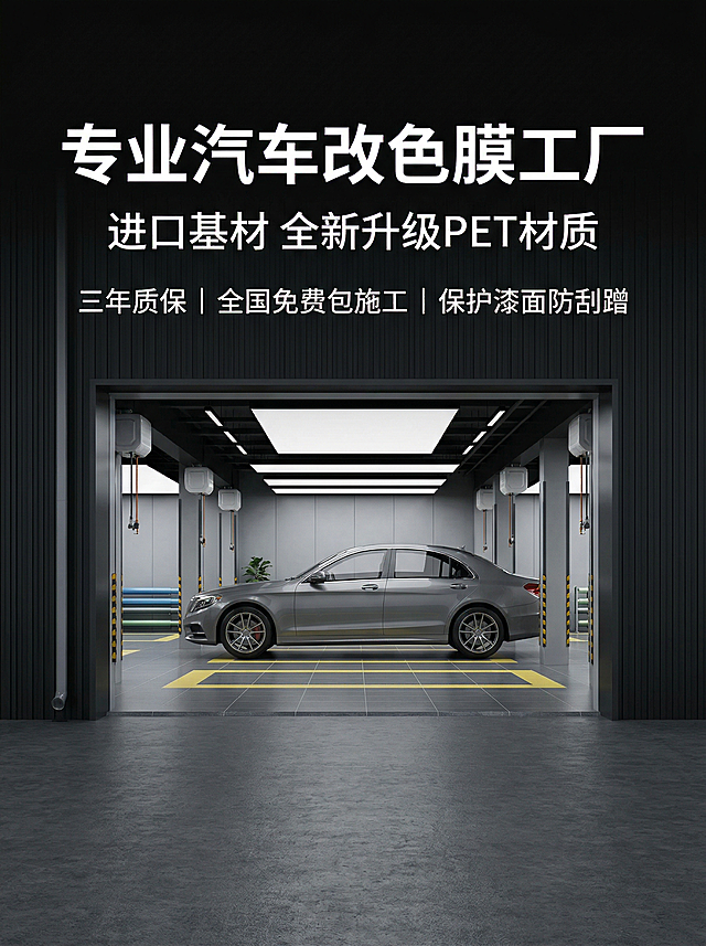 [主图 1：工厂实力首图] 电商淘宝汽车改色膜详情首图，现代简约工业风，画面展示专业汽车改色膜工厂大门或现代化生产车间场景，整体干净专业，突出源头工厂实力感。文字文案：主标题 "专业汽车改色膜工厂"，副标题 "进口基材 全新升级PET材质"，下方核心卖点标签 "三年质保 | 全国免费包施工 | 保护漆面防刮蹭"。文字采用无衬线粗体，白色，排版居中悬浮，不遮挡主体，整体高级专业。