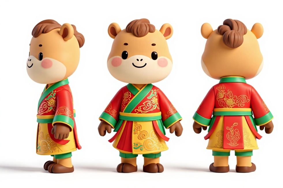 给古都长安设计个官方旅游IP！要融合唐代文化（比如唐三彩马或者仕女）和现代潮流，做得萌一点。风格走国潮插画，线条圆润点，颜色参考唐代壁画但要更鲜亮活泼。性格嘛，要自信大方、热情好客、懂历史，可以带点小预览效果