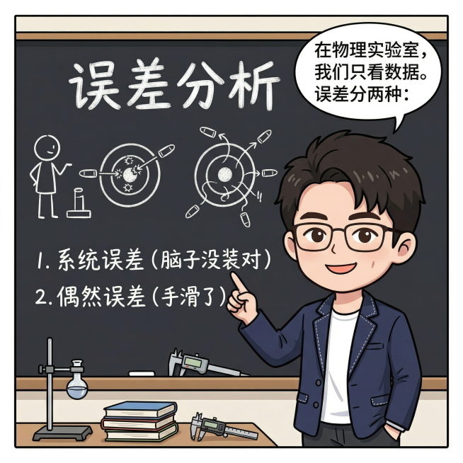 Q版漫画，第三格场景在教室黑板前，同一个Q版物理男老师（参考之前参考图的长相），老师指着黑板。黑板上有简笔画靶子：有的子弹命中红心，有的子弹乱飞，黑板上写着大大的标题字"误差分析"，黑板还有两行板书：预览效果