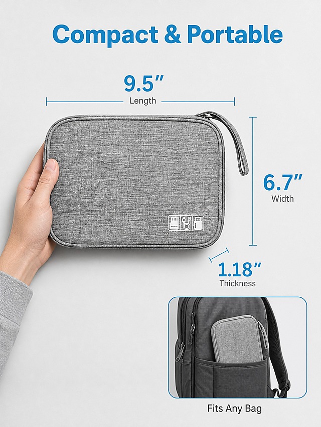 [主图-4] Flat Cable Organizer Bag 尺寸规格与便携性展示图。
[统一基调] 跨境电商信息图风格，浅灰+冷蓝科技感配色，简洁克制。
[画面] 浅灰色干净背景，画面中央展示闭合状态的灰色扁款数据线收纳包，正面视角，旁边有精确的尺寸标注线：长度标注9.5 inch，宽度标注6.7 inch，厚度标注1.18 inch，尺寸数字用冷蓝色大号字体突出显示。收纳包旁边放着一只手掌（欧美成年人手）作为大小参照，体现产品小巧便携。画面右下角有一个小插图：收纳包轻松放入商务背包的侧袋中，展示便携使用场景。
[光影质感] 商业产品摄影质感，光线均匀柔和，产品立体感好，尺寸标注线清晰精准。
[配色] 浅灰背景，产品灰色，尺寸线和数字为冷蓝色，文字为深灰色。
[文字版式] 顶部大标题"Compact & Portable"，冷蓝色粗体无衬线字体。尺寸数字"9.5\""、"6.7\""、"1.18\""为大号冷蓝色字体，标注线为细冷蓝色线条。右下角小图标注"Fits Any Bag"，小号深灰色字体。
[输出要求] 比例3:4，尺寸标注清晰，产品比例准确，无水印，无平台Logo，无中文。
