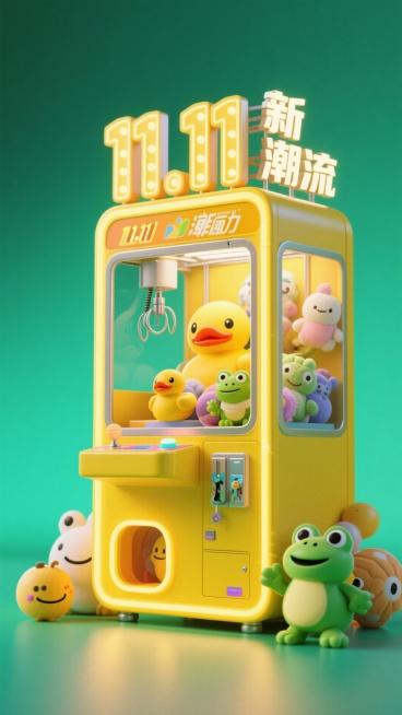 主视觉为一台超大型抓娃娃机，机身上有“11.11”灯牌，和文字“新潮流”，抓娃娃机内有小黄鸭、小青蛙玩偶等可爱元素，促销感氛围，黄色活泼氛围配色，绿色渐变背景。预览效果