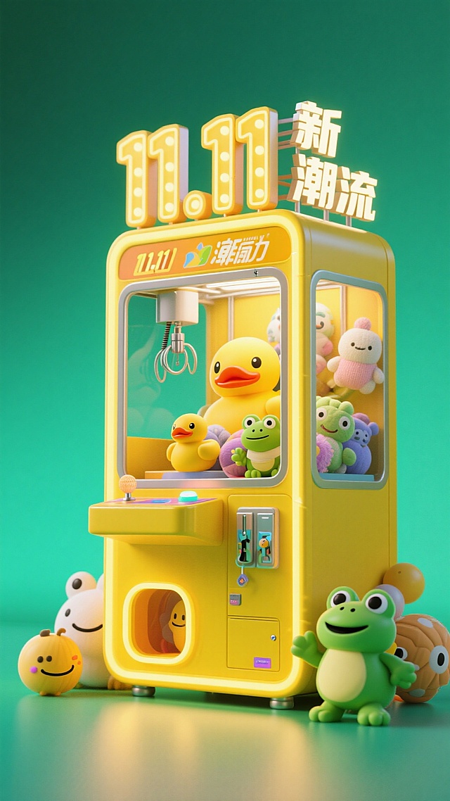 主视觉为一台超大型抓娃娃机，机身上有“11.11”灯牌，和文字“新潮流”，抓娃娃机内有小黄鸭、小青蛙玩偶等可爱元素，促销感氛围，黄色活泼氛围配色，绿色渐变背景。