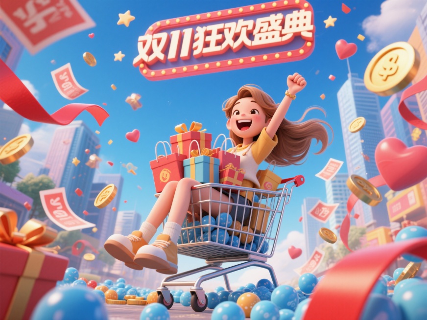 3D风格，浅棕色长发女生坐在购物车里兴奋大笑，手持礼袋，单手举高庆祝状，怀里堆满礼物盒和购物袋，购物车底部填充很多海洋塑料小球，周围环绕优惠券、金币及红色丝带，星星、爱心、钱币元素从远处向屏幕前喷涌，预览效果