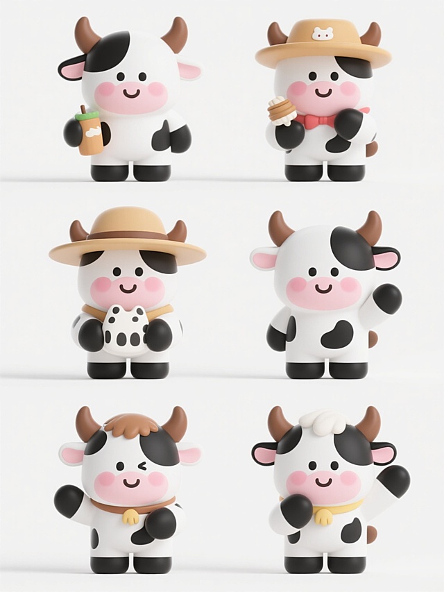 一系列6个完全不同元素内容的奶牛主题3D卡通形象，保持圆润可爱的Q版风格，白色背景，每个奶牛角色姿态、表情、装饰元素各不相同，有的戴着不同帽子，有的拿着不同物品，有的做出不同动作，色彩以黑白为主，点缀粉色腮红和棕色牛角，整体排布规整，形成统一风格的系列素材集合。