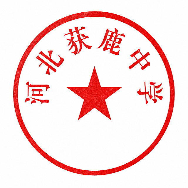 生成一个红色圆形的"河北获鹿中学"公章，公章有完整的红色边框，红色文字环绕排列，正中心放一颗红色五角星，写实风格，清晰简洁