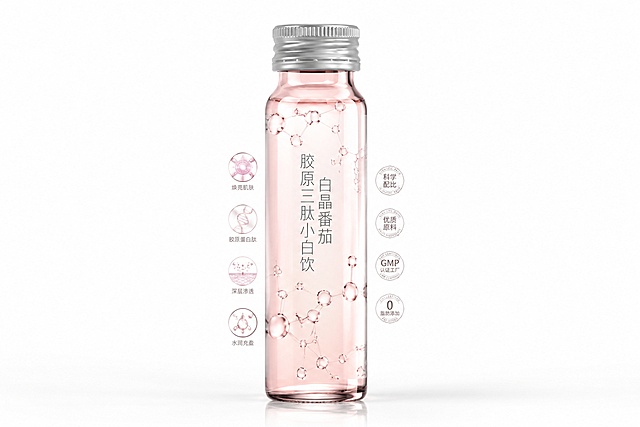 CG动画风格的白晶番茄胶原三肽小白饮饮料包装设计，极简科技风。纯白色背景，瓶身为修长透明玻璃瓶，内含淡粉色液体，瓶盖为银白色。瓶身正面中央用纤细字体写着产品名称，周围环绕精致的分子结构线条装饰。瓶身左侧有四个小图标：发光的皮肤细胞图案、螺旋状蛋白分子图案、微小颗粒渗透图案、水滴状分子图案。瓶身右侧有品质徽章标识。整体风格简约高端，科技感十足，CG渲染，超高清，产品摄影级质感，3:2构图