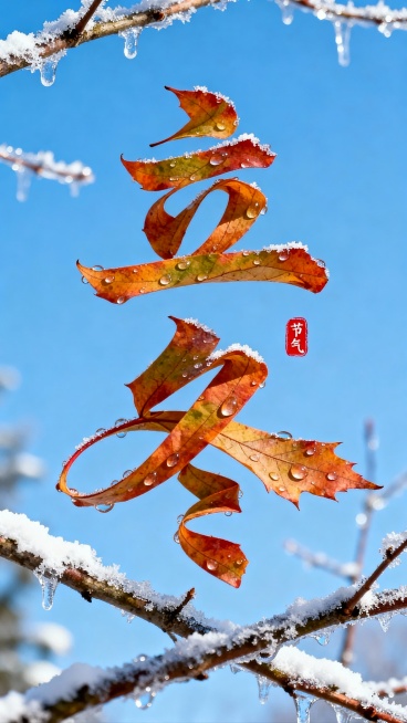 枫叶叶片拉长扭曲变形成”立冬” 二字，叶片上有晶莹的露珠点缀。背景是一片晴朗的蓝天，画面中穿插着带有冰霜和薄雪的树枝，营造出冬日温暖的氛围。“立冬” 文字位于图像的中上部，红色小印章”节气“点缀，整体预览效果