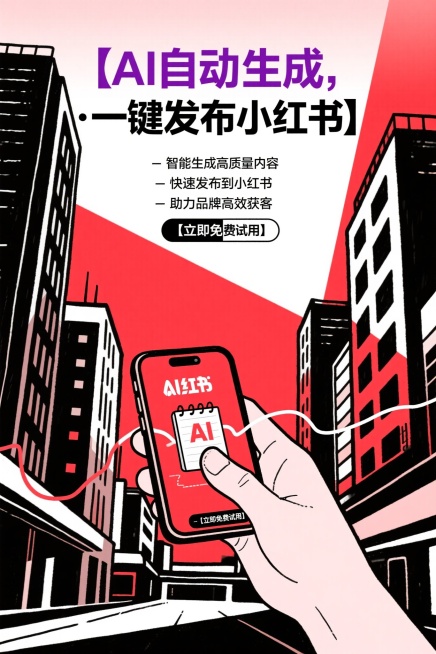 小红书风格营销海报，主题“AI自动生成内容 · 一键发布小红书”，版式简洁留白，主色小红书红+白，紫色和黑色字体。顶部大标题“【AI自动生成，一键同步小红书】”，中间三条核心卖点文案居中对齐：“- 智预览效果