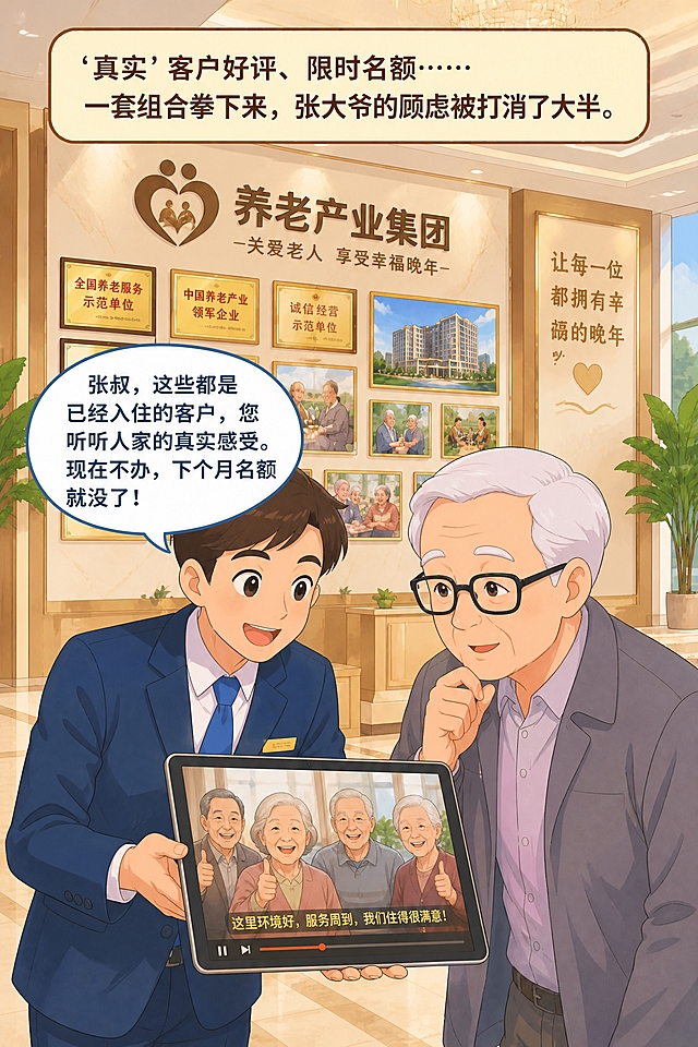 参考图中的扁平卡通插画风格，暖色调，圆润可爱的人物画风，同样的对话气泡和旁白框样式。画面：养老产业集团展示中心内，穿深蓝色西装白色衬衫蓝色领带的年轻人小李，拿着一个平板电脑展示给张大爷看。平板电脑屏幕上播放着老客户感谢视频，几位老人对着镜头微笑，一位老太太竖着大拇指，屏幕上有字幕显示老人的好评。约70岁白发戴黑框大方眼镜、穿灰色夹克浅紫色内搭的张大爷凑过去看，表情渐渐信服。背景是展示中心大厅，墙上有养老产业集团的牌子和荣誉证书。小李的对话气泡内容："张叔，这些都是已经入住的客户，您听听人家的真实感受。现在不办，下个月名额就没了！" 画面上方旁白文字框内容："'真实'客户好评、限时名额……一套组合拳下来，张大爷的顾虑被打消了大半。" 所有文字必须清晰可见、每一个字完全正确，字体工整。人物形象必须与参考图保持完全一致。整体为老年人防骗科普插画风格，色彩温暖柔和。