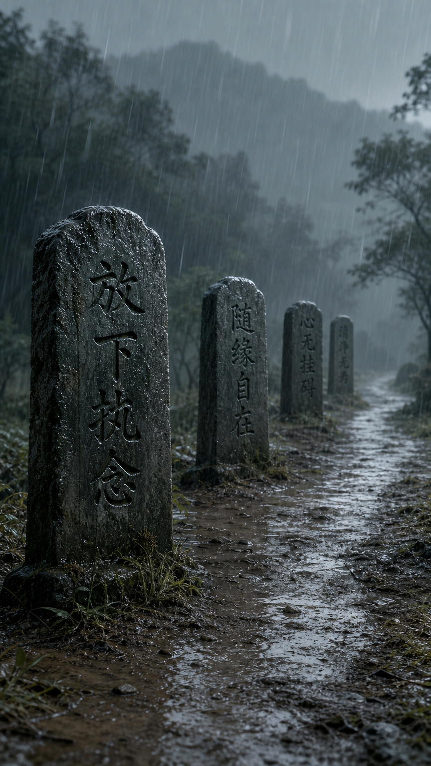 雨幕中，一条泥泞的乡间小路上竖立着四块古老的青石碑路标，沿道路… - 图片创意预览