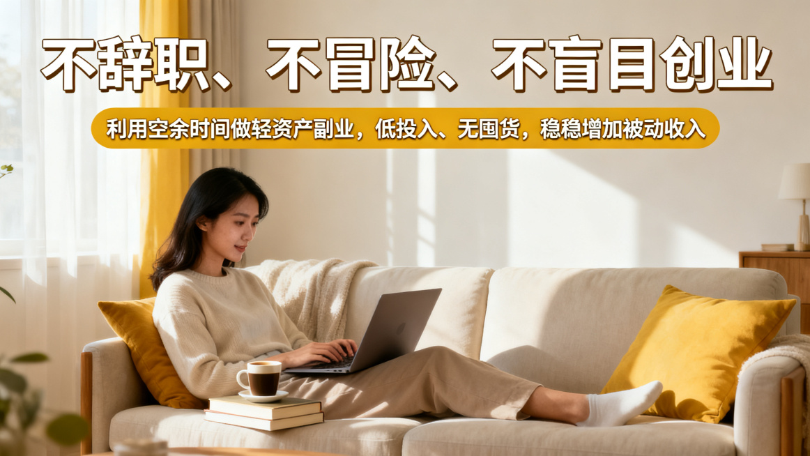 1280*720尺寸的生活化实景简约风海报，背景为温馨客厅实景，添加居家休闲人物，主副标题分明，主标题是"不辞职、不冒险、不盲目创业"，副标题是"利用空余时间做轻资产副业，低投入、无囤货，稳稳增加被动预览效果