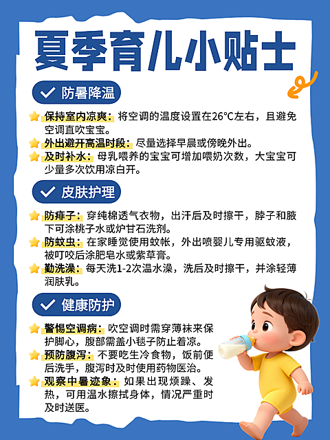 卡通风夏季育儿小贴士母婴知识分享小红书配图