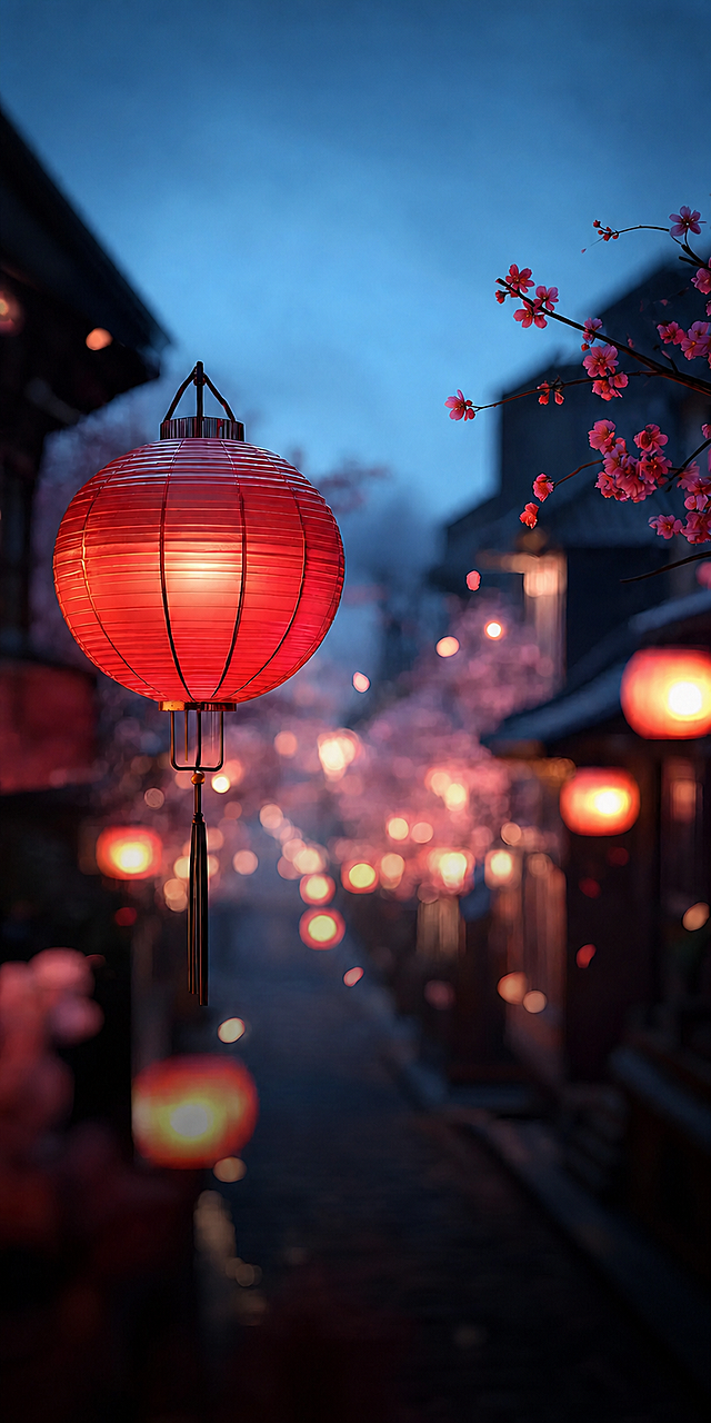 移除图片上所有文字内容，保留红色灯笼、右侧花枝、街道远景灯笼，保留原图整体氛围、色调和所有景物不变