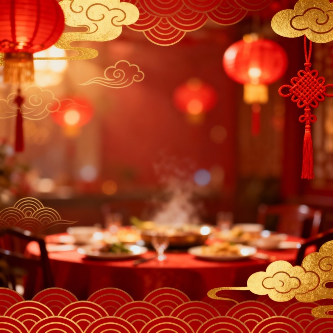 适合摆放年夜饭的背景，体现过年的气息，有模糊的灯笼，预览效果