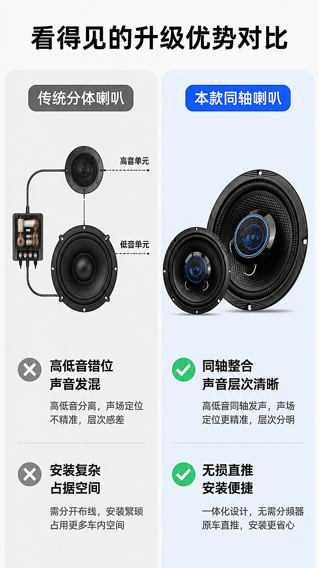 [第6屏] 对比优势屏-传统分体喇叭 vs 本款同轴喇叭对比。本屏使用【图1】作为本款产品展示。
[氛围/风格] 理性对比风格，清晰分栏，客观展示优势，不贬损对手。
[元素布局] 左右严格分栏对比，左侧为传统分体喇叭方案，右侧为本款同轴喇叭；每栏包含示意图、标题和优势点列表；本款产品图片使用用户输入图，保持外观一致。
[光影质感] 均匀照明，左右光影一致，对比清晰，无明暗偏差。
[配色色系] 全局底色 #f5f5f5，左侧浅灰底，右侧浅蓝底标注优势，标题黑色，优势点绿色打勾标识。
[视角构图] 左右对比分栏，手机竖向浏览，对比信息一目了然。
[文字版式] 顶部居中标题 "看得见的升级优势对比"；左侧标题「传统分体喇叭」，问题点："高低音错位 声音发混"、"安装复杂 占据空间"；右侧标题「本款同轴喇叭」，优势点："同轴整合 声音层次清晰"、"无损直推 安装便捷"；对比清晰，文字大小适合手机。
[比例分辨率] 9:16竖版比例，分辨率4K，文字清晰可辨，高清画质。
[负向提示词] 分栏错乱，文字不清，恶意贬损，产品变形，违规用词