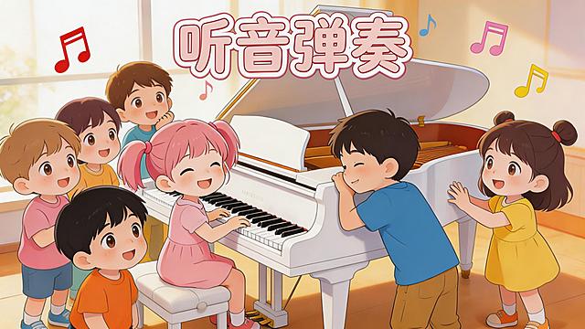 在画面上方合适位置添加圆润可爱风格的“听音弹奏”文字，和原动漫风格适配，不遮挡小朋友、钢琴等核心画面元素