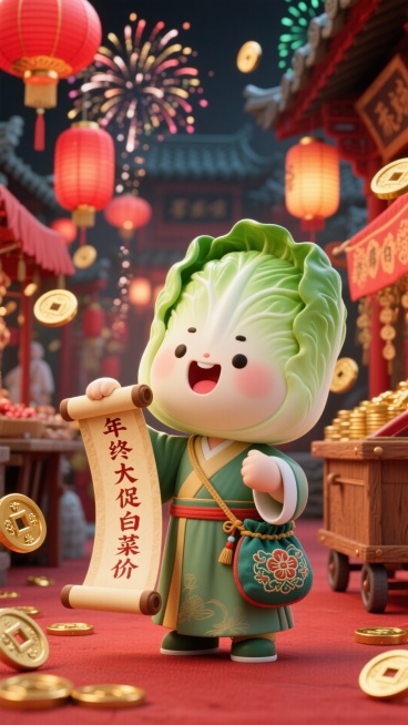 主视觉为身着汉服的白菜小人手持宣纸卷轴（写有 “年终大促白菜价”），背着传统刺绣荷包袋吆喝，国潮古集市促销氛围，红金与墨绿配色的古集市背景，点缀铜钱、红灯笼、古风烟花、木质推车元素。预览效果
