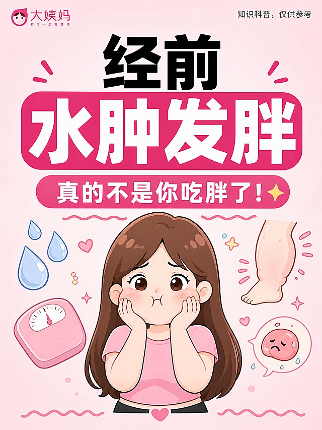 小红书笔记科普封面，插图大字风格，粉色卡通插画风，版式精美，小红书笔记封面质感，适合信息流点击。主标题必须完整呈现且为画面视觉中心，逐字锁定：「经前水肿发胖」。副标题：「真的不是你吃胖了！」。左上角有可爱的粉色logo小图标，写着「大姨妈」。右上角小字：「知识科普，仅供参考」。背景：浅粉色渐变柔和底色。画面中央是一个可爱的卡通长发女孩，表情委屈，脸颊鼓鼓的，双手摸着浮肿的脸蛋，周围有水滴、体重秤、肿胀的小腿等小元素环绕。标题排版：主标题黑色超粗黑体，「水肿发胖」四个字用玫红色高亮色块底框突出，副标题白色字配玫红色圆角底框。底部装饰：波浪线和小爱心、星星点缀。整体氛围：女生健康科普、温柔治愈、可爱卡通。画质：高清细腻，信息层级清晰，主标题与背景强对比，文字完整处于安全区内不可裁切，四周留安全边距。画面比例3:4。